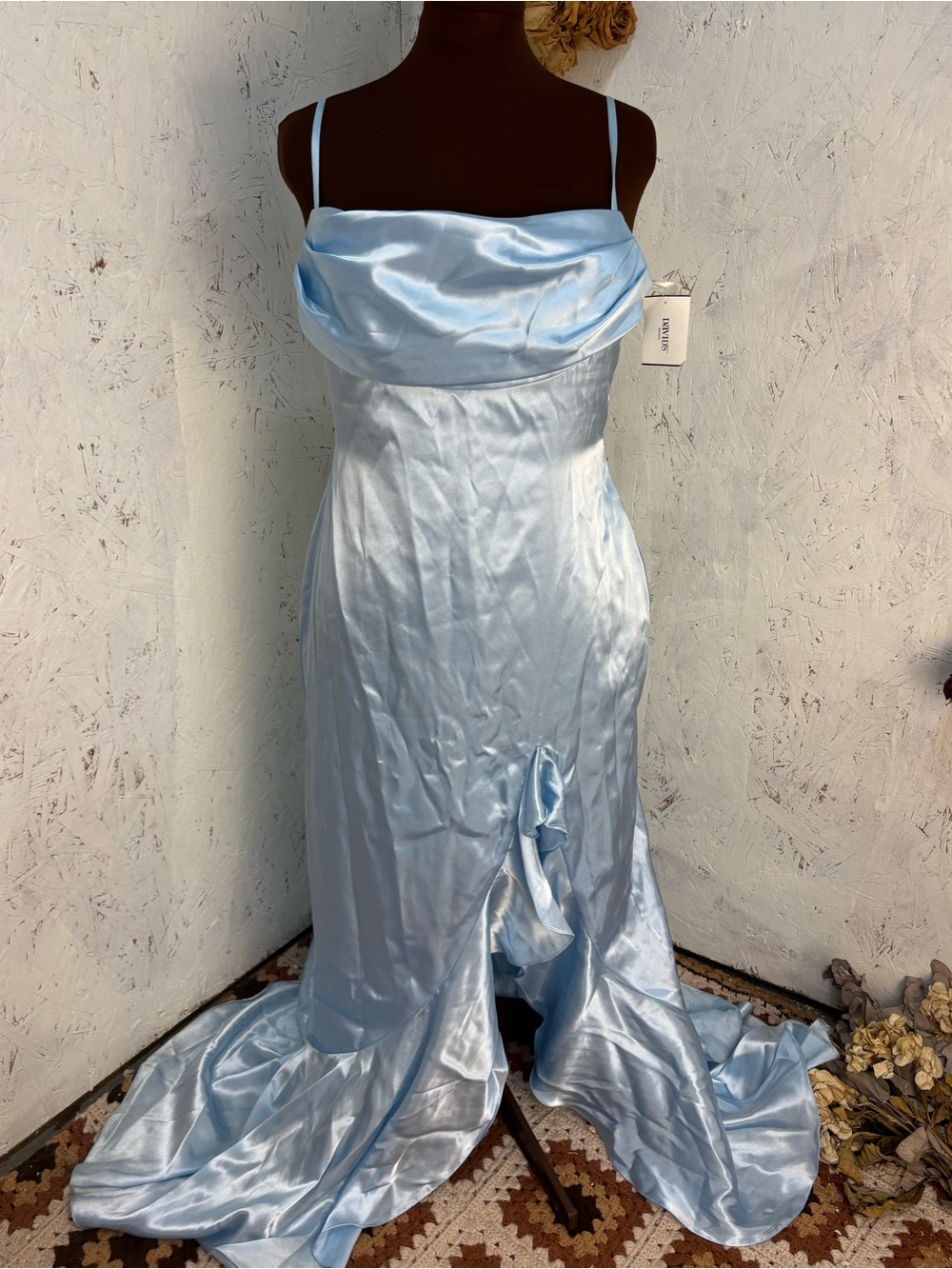 NWT Davids Bridal Ruffle Cowl Neck Sky Blue Maxi Bridesmaid Dress Size Large
